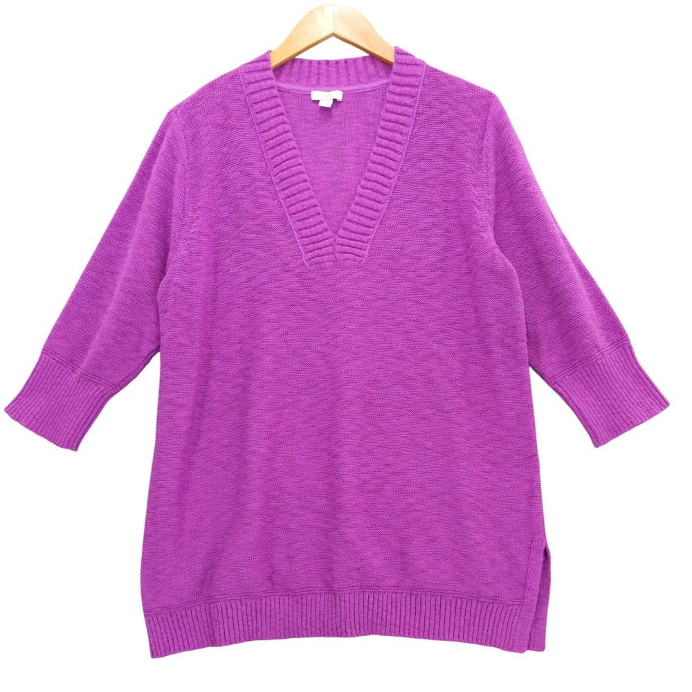 J.Jill V-Neck Sweater Women L Petite Purple 100% Cotton 3/4 Sleeve Tunic